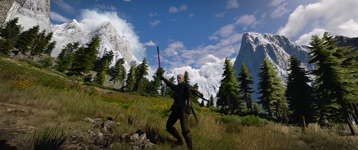 Geralt of Rivia from The Witcher 3: Wild Hunt with sword raised