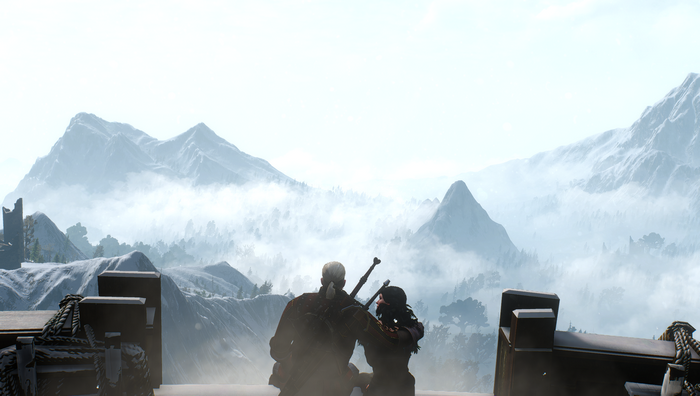 Geralt and Yennefer from The Witcher 3: Wild Hunt overlooking mountains