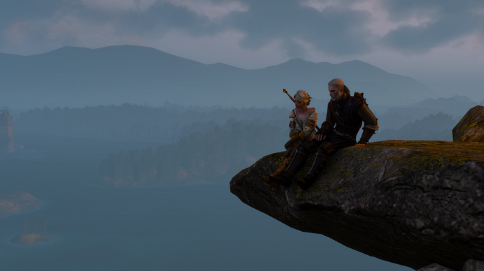 Geralt and Ciri from The Witcher 3: Wild Hunt sitting on a cliff