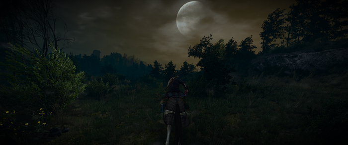 Geralt of Rivia from The Witcher 3: Wild Hunt on horseback at night