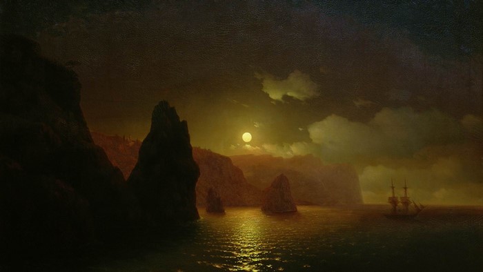 Moonlit seascape with a sailing ship by Ivan Aivazovsky