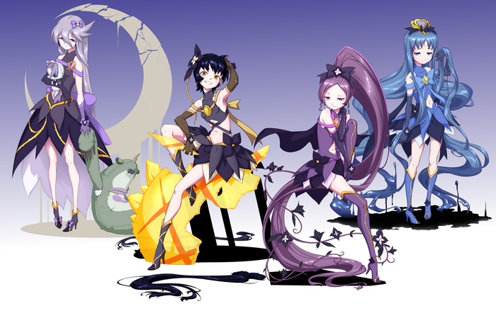 Four magical girls with dark-themed outfits and moon motif