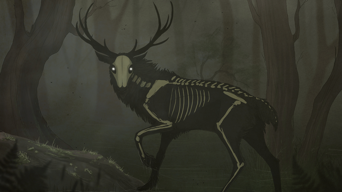 Skeleton deer with glowing eyes in a dark forest