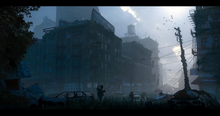 Post-apocalyptic city with overgrown buildings and abandoned cars