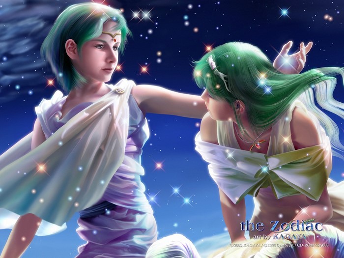 Two women with green hair in front of a starry sky