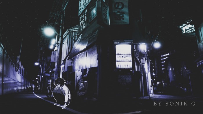 L from Death Note in a dark city street at night