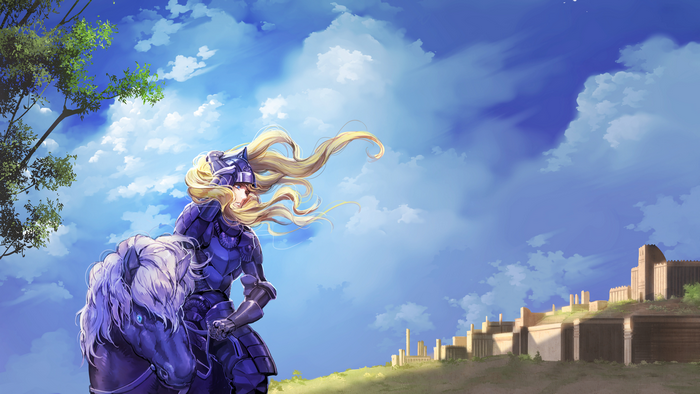 Anime knight with blonde hair on a horse