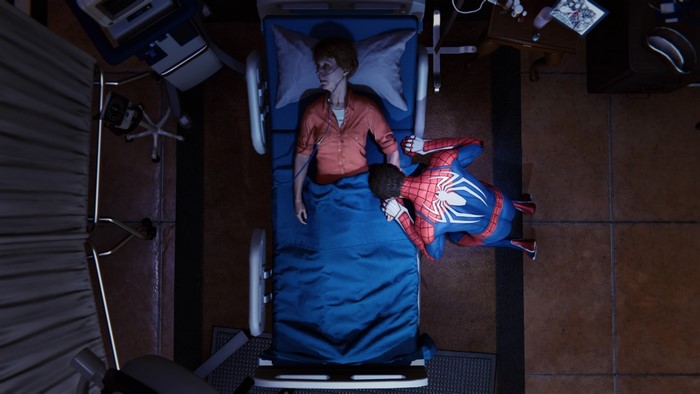 Spider-Man with Aunt May in a hospital bed