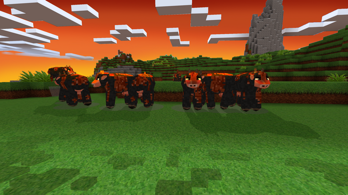Pixelated cows in a video game landscape
