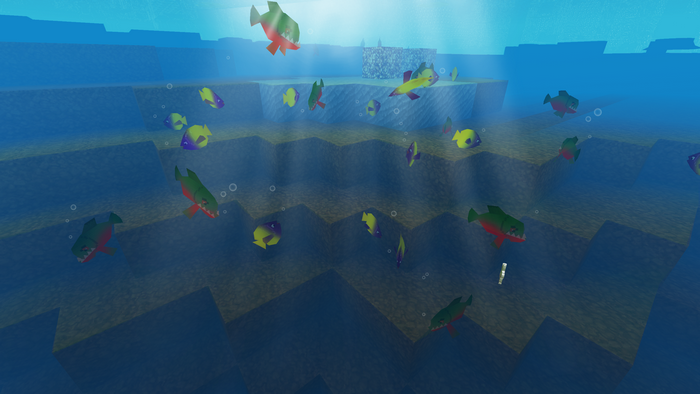 Pixelated underwater scene with piranhas and small fish