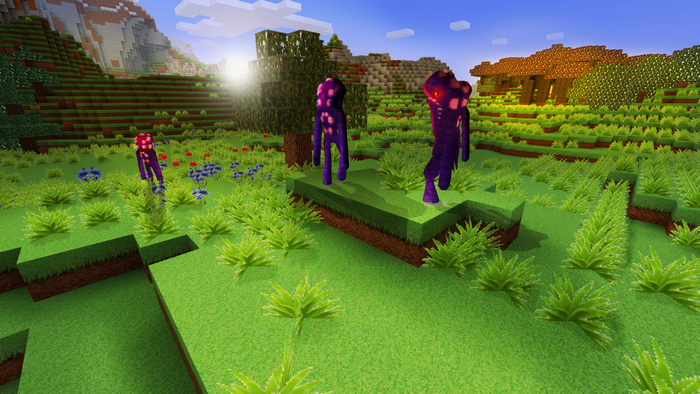 Minecraft landscape with Endermen and flora