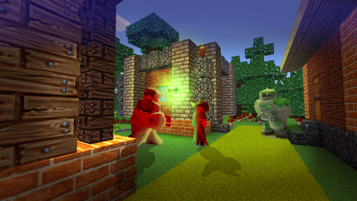 Minecraft-style scene with red and stone golems