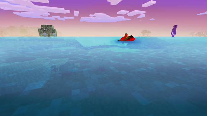 Minecraft landscape with a boat and a purple figure