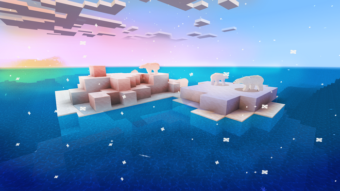 Polar bears on ice floes in a pixelated ocean