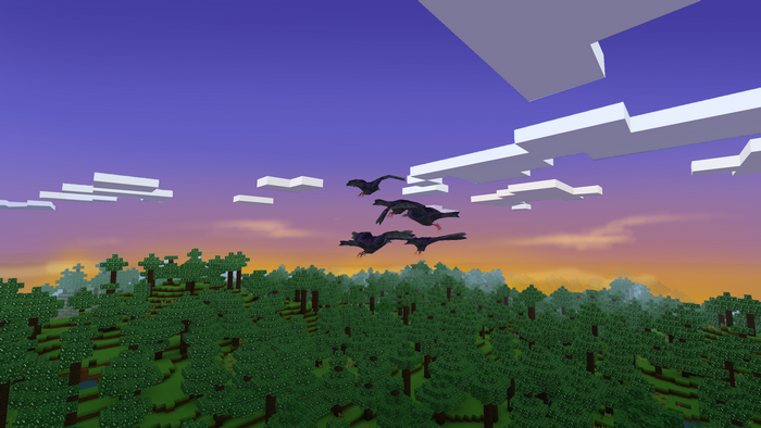 Birds flying over a pixelated forest at sunset