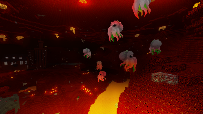 Minecraft Nether landscape with floating creatures