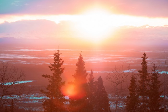 4K sunset over a snowy landscape with pine trees