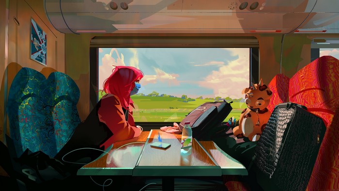 Redhead traveler with mask and plush toy on a train