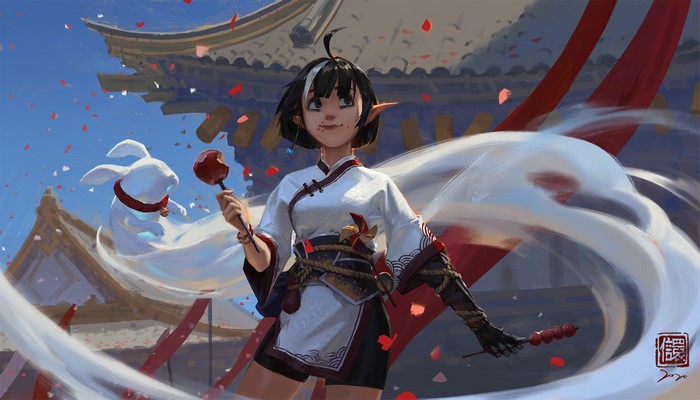 Girl with rabbit and candied fruit in front of Asian architecture