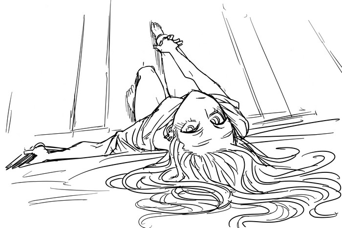 Anime girl lying down with hands tied