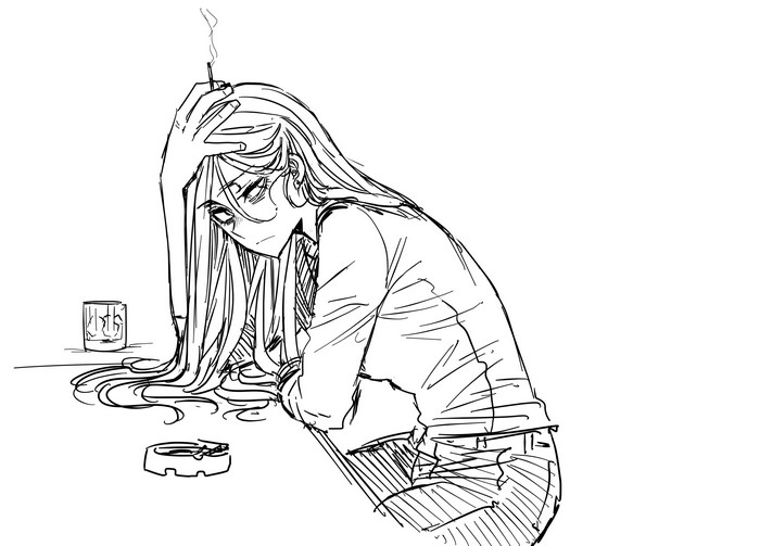 Anime girl smoking and drinking at a table