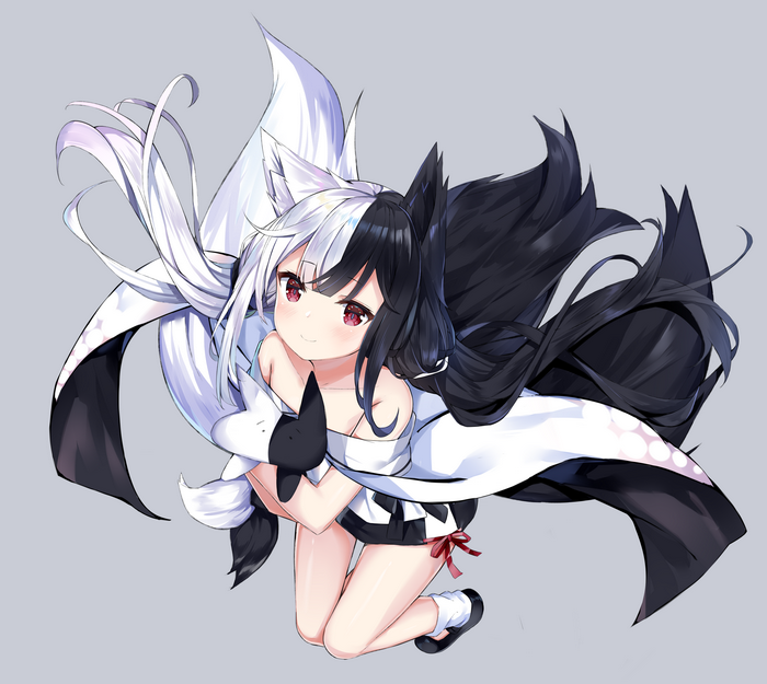 Fox girl with black and white hair and tails