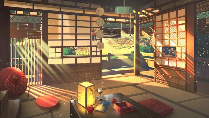 Japanese room with tatami mats and sunlight