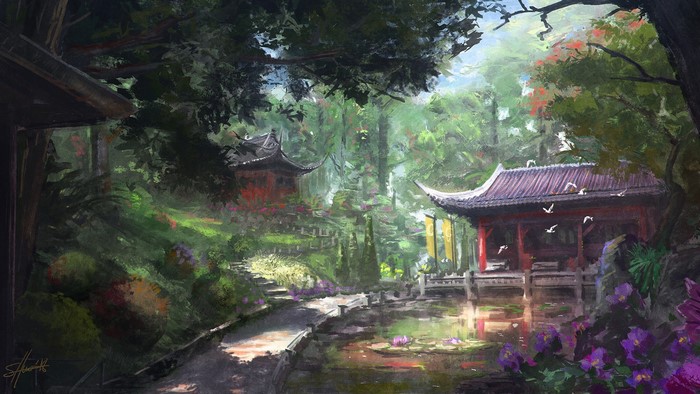 Painting of a Japanese garden with pagodas and a pond