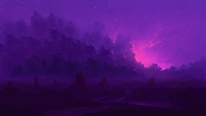 Purple desert landscape with dramatic clouds at night