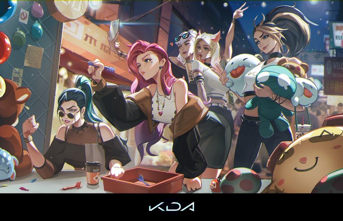 KDA girls playing darts and taking selfies at a night market