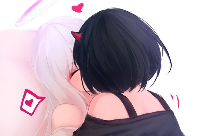 Anime Girls Angel and Demon Kissing