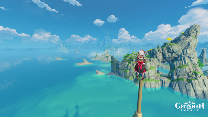 Noelle from Genshin Impact on a wooden pole overlooking islands