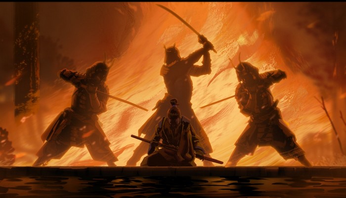 Samurai warriors in battle with katanas and fire