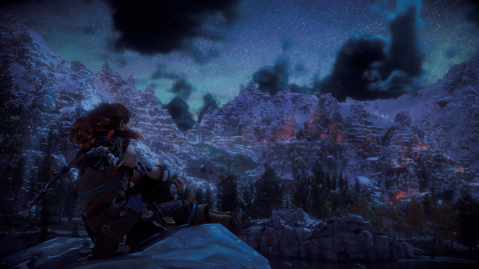Aloy from Horizon Zero Dawn in a snowy mountain landscape at night