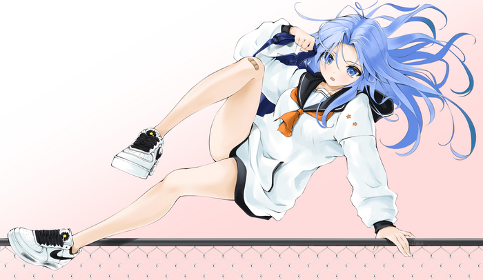 Anime girl with blue hair jumping over fence