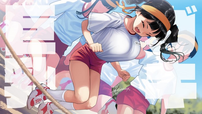 Kaedeko anime girl in gym clothes jumping