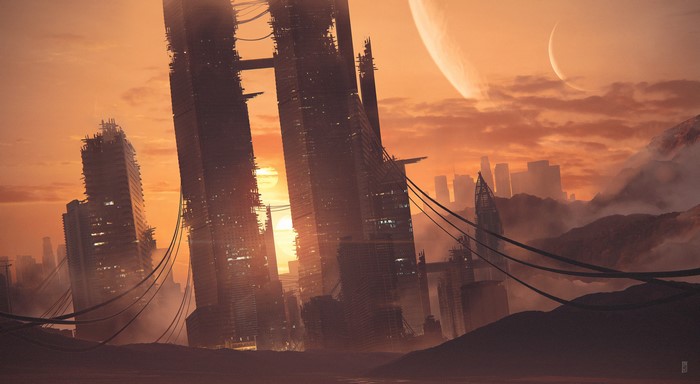 Futuristic cityscape with planets in orange sky