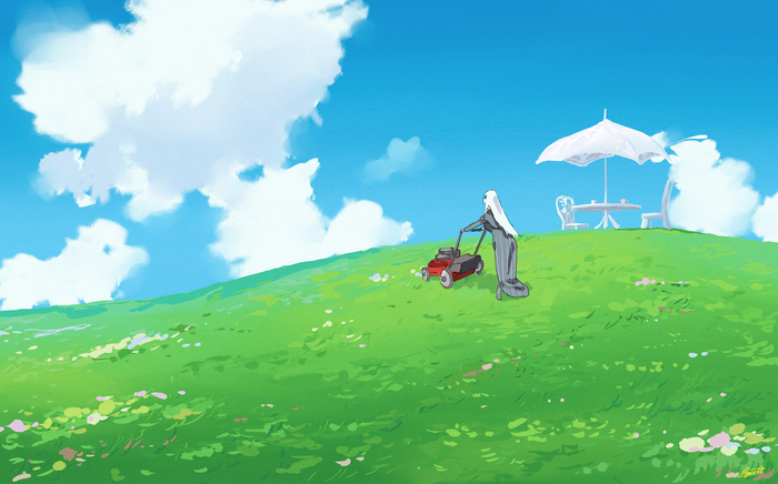 Echidna from Re:Zero mowing a grassy hill