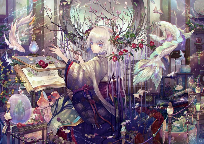 Anime girl with white hair in kimono holding scissors