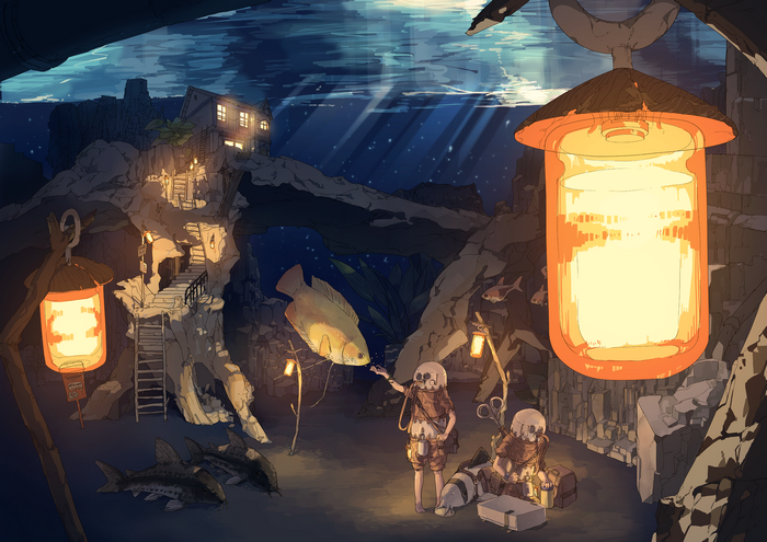 Underwater cave with divers and fish near a house