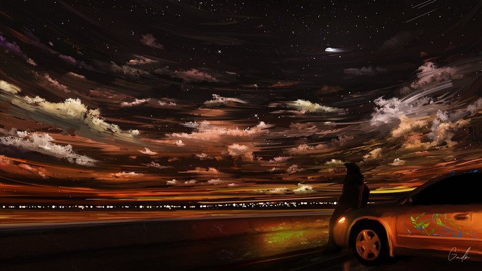 Digital art of a person and car under a starry night sky