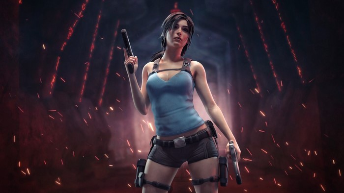 Lara Croft from Tomb Raider holding guns