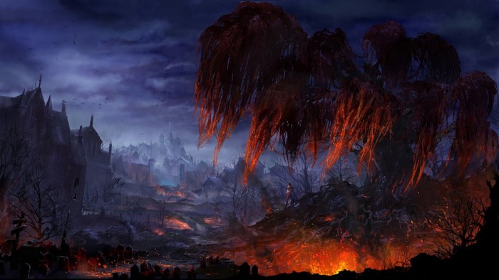 Fantasy town with a large fiery tree and graves