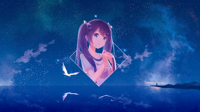 Anime girl with pigtails in a diamond frame over the ocean at night