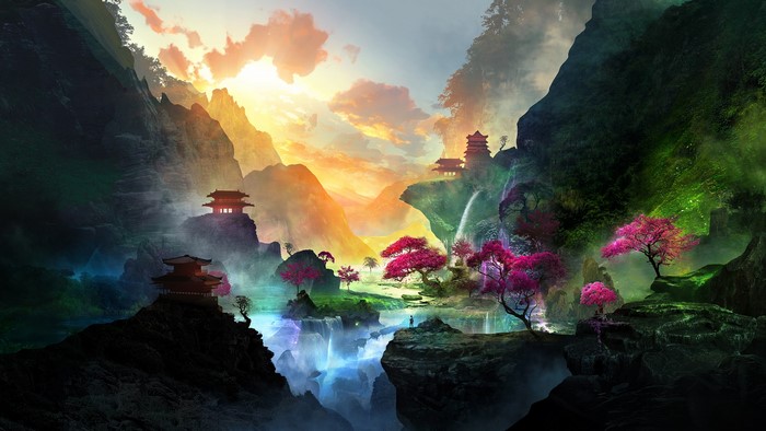 Fantasy landscape with pagodas and waterfalls