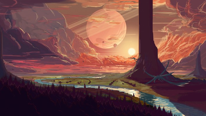 Alien landscape with planets and river at sunset