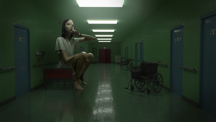 Surreal creature in hospital hallway by Doug Williams