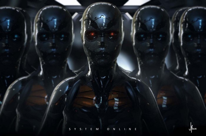 Robots with red eyes and orange chests, digital art