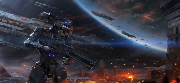 Robot soldier with rifle in space battle