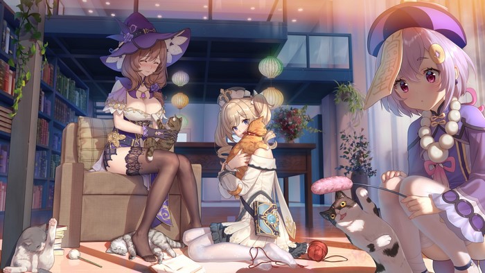 Genshin Impact characters Lisa, Barbara, and Qiqi with cats